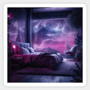 A luxuriously decorated bedroom with purple space in behind Sticker